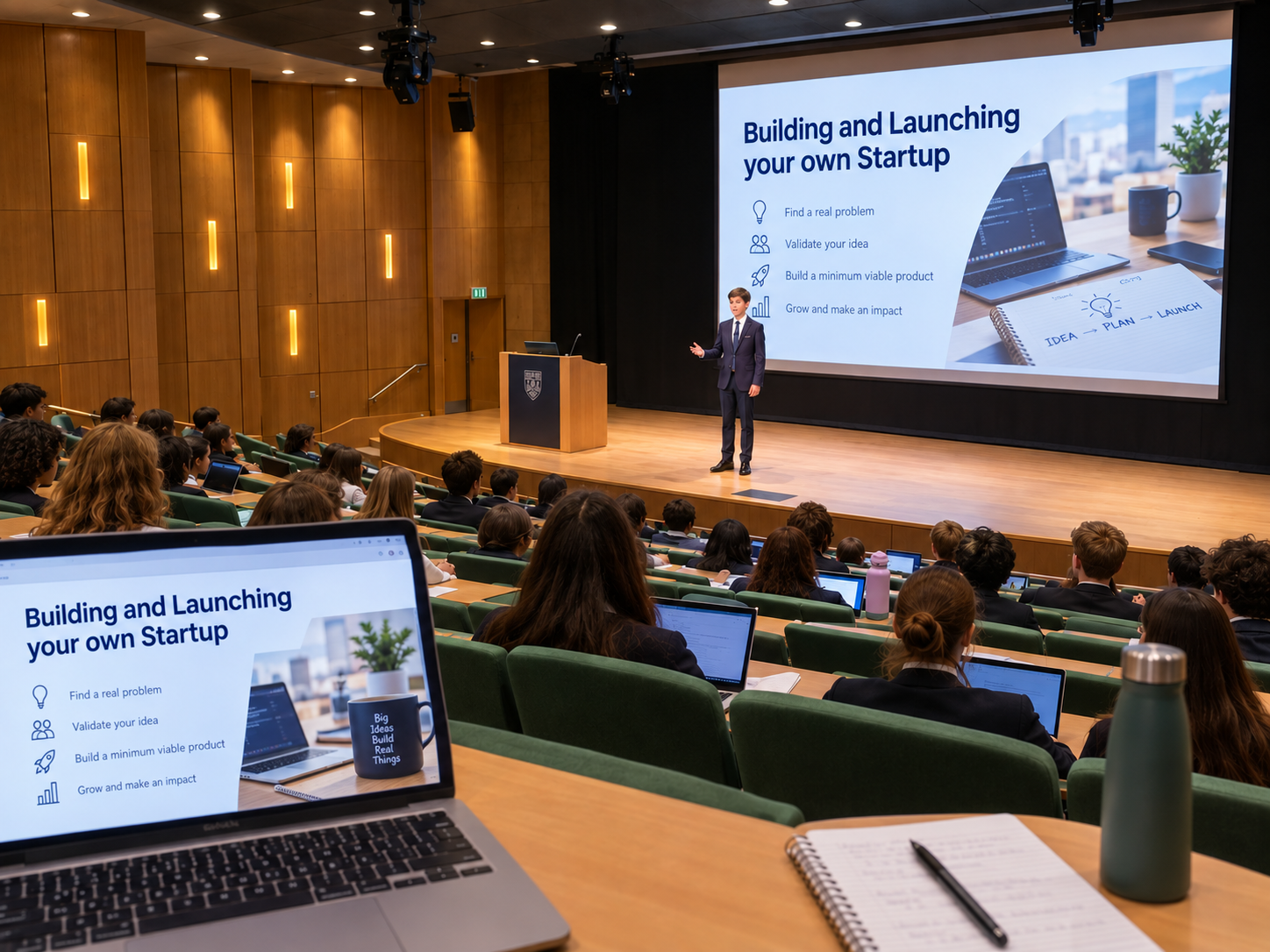 EmpowerX student presenting a startup pitch, "Building and Launching your own Startup," to a full lecture hall of peers
